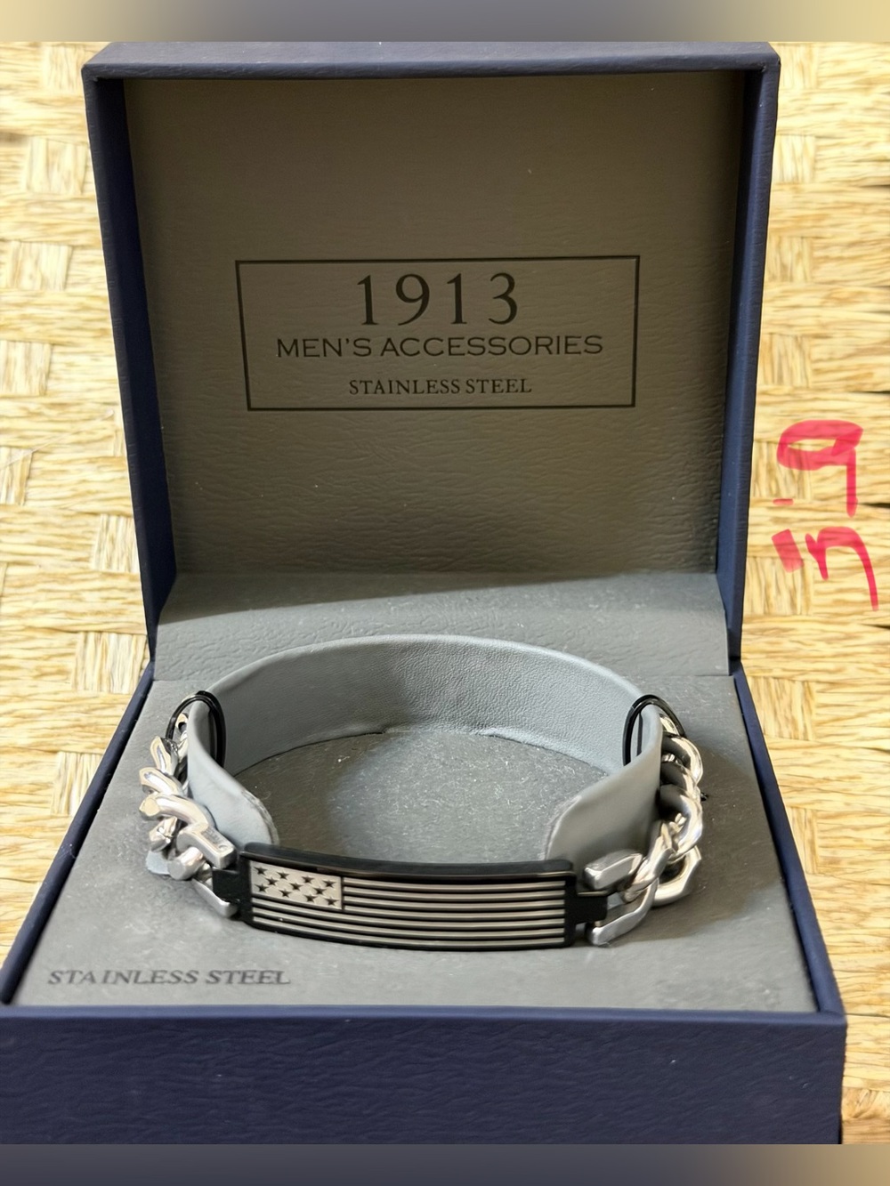 1913 Men’s Black and Silver Stainless Steel American Flag ID Bracelet